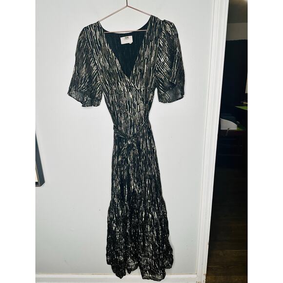 BA&SH Black Gold Metallic V-Neckline Nixon Short Sleeve Maxi Dress Size US 6 - Picture 15 of 16